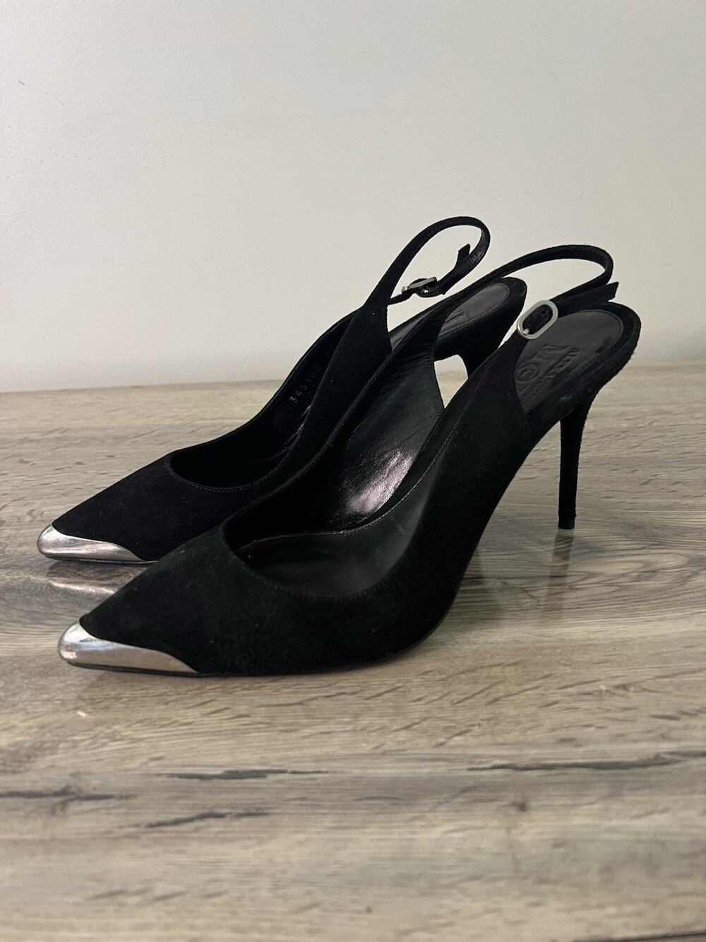 Alexander McQueen black suede pointed Toe silver tip sling back heels pumps 37.5